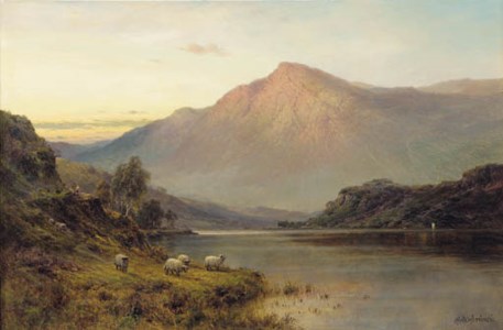 A shepherd and flock in a highland landscape