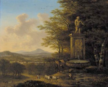 An extensive landscape with a shepherd and his flock at a fountain