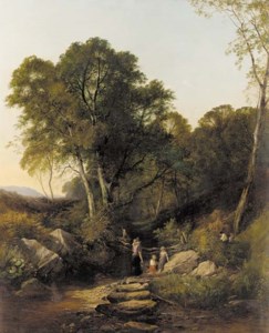 Family gathering water in a wooded landscape