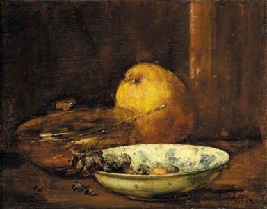 A bowl of raisins, a pear and a covered bowl