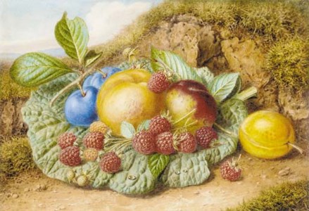 Still life with nectarines, raspberries and plums on a mossy bank