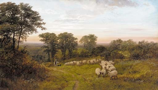A shepherd and sheep in a wooded glade