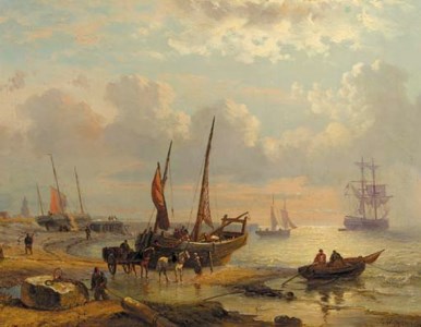 A coastal scene with sailingvessels and fishermen at work on a beach