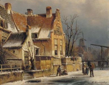 Houses along a canal in winter