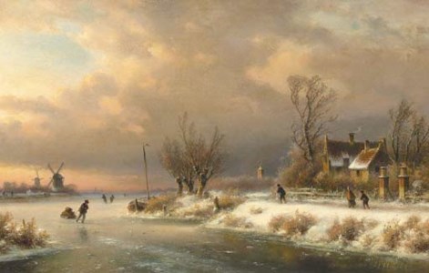 A snow-covered landscape with skaters on a frozen waterway