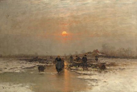 Ice fishing at dusk