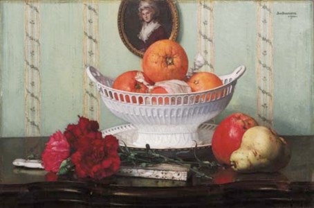 A still life with oranges in a creamware ajour basket, carnations and a fan