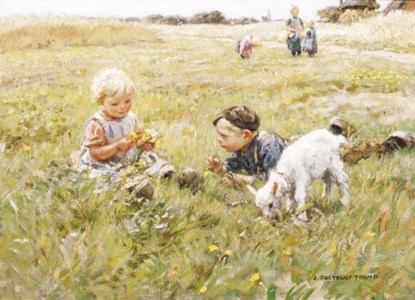 Children picking buttercups in a summer meadow