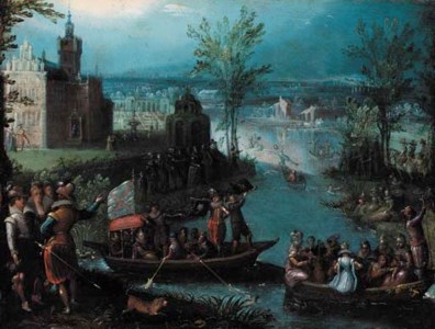 A river landscape with elegant figures boating