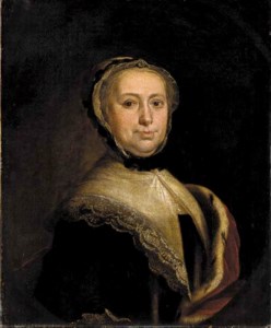 Portrait of a lady, said to be Susannah Stott, half-length, in a black dress and white shawl and bonnet