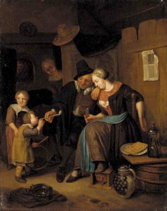 An interior scene with a couple and children