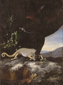 A chameleon with a dragonfly on a thistle, in a landscape