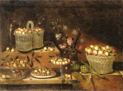 A glass bowl, a pewter plate, a tazza and wicker baskets with cherries, apples, pears, figs and other fruits, with a vase of flowers and artichokes, on stepped ledges