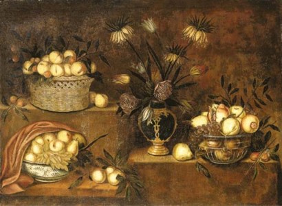 Peaches in a wicker basket, a vase of flowers and bowls with pears, grapes and pomegranates on stepped ledges