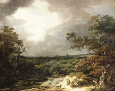 A stormy wooded landscape with faggot gatherers by a river