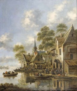 An estuary with figures in ferryboats before a tavern