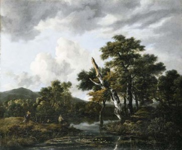 A wooded river landscape with figures on a bank