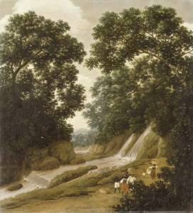 Frans Post, A forest with natives carrying baskets on a path by a waterfall