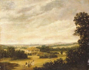 An extensive Brazilian landscape with natives carrying baskets and a farmhouse by a pool