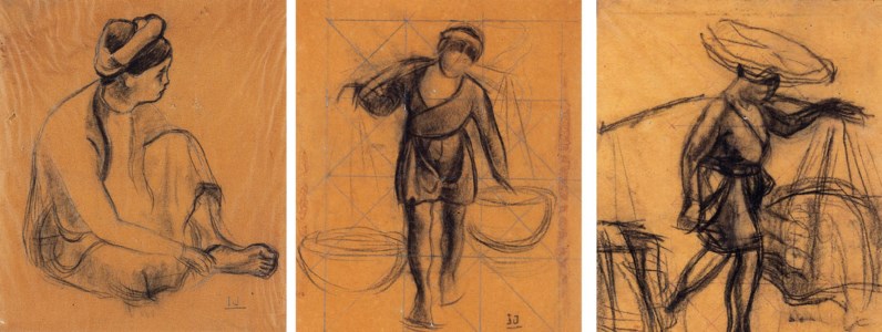 Sitting Vietnamese woman; Vietnamese peasant woman and a Vietnamese peasant man