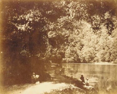 Nynee Tal [View with Dr. John Murray reading beside the lake with his dog at his feet]