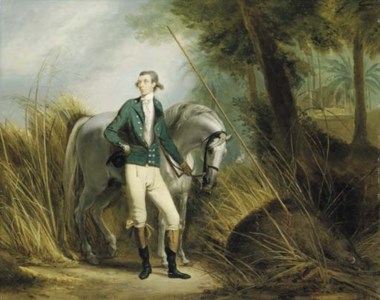 A gentleman wild boar-hunting in an Indian landscape