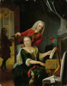 Portrait of a gentleman and his wife making music in an interior: she seated, small full length at the clavichord, wearing a green silk dress, he standing small full length behind her, playing the flute, a peacock perched on a cello leaning against a chair in the foreground, a page in the distance on the left