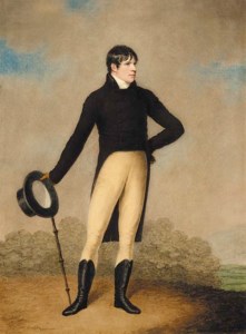 Portrait of a gentleman, standing full length in a landscape, wearing a brown coat and white cravat