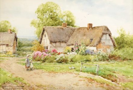 Young girls before a thatched cottage