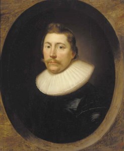Portrait of a gentleman, bust-length, in a black silk doublet and white ruff, feigned oval