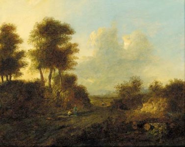 Figures resting on a track in a wooded landscape