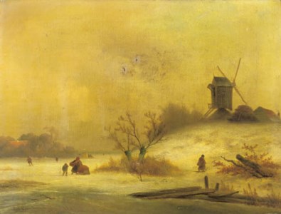 A winterlandscape with peasants near a windmill