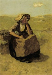 A pensive fisherwoman in the dunes
