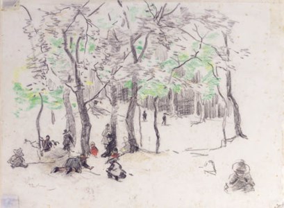 Children playing in a wooded park (recto); a study of trees (verso)