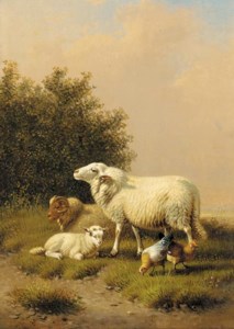 Sheep and poultry in a landscape