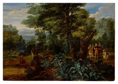 A wooded river landscape with Semiramis receiving the crown from Ninus, the King of Assyria