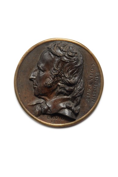 Four Portrait Medallions of French writers including Benjamin Constant, François Auguste René de Chateaubriand, Armand Carrel, and Philippe Buonarroti