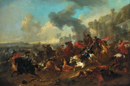 A cavalry engagement before a fortified town