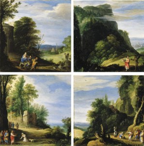A classical landscape with The Flight into Egypt; An extensive landscape with The Temptation of Christ; A wooded landscape with Christ and the Widow of Nain; and An extensive rocky landscape with Christ and the Centurion