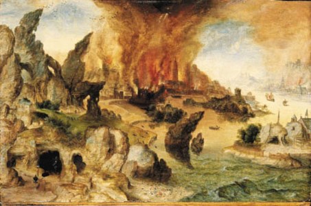 A mountainous landscape with Lot and his Daughters, the Destruction of Sodom and Gomorrah beyond