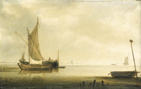 A smalschip and a waterschip anchored in an estuary in a calm, a wherry by a breakwater in the foreground