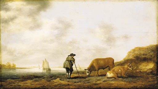 A river landscape with a cowherd resting on his crook, smalschips on a river beyond