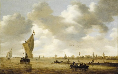 JAN JOSEFSZ. VAN GOYEN, An estuary with passengers in a ferry, a kaag and other shipping by a mudflat, a village beyond