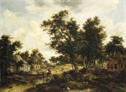 A wooded landscape with travellers on a path through a hamlet