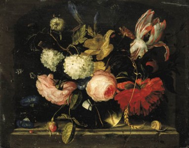 Roses, irises, carnations, daffodils, parrot tulips and other flowers in a glass vase, a ladybird and a snail on a stone plinth