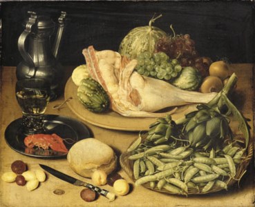 Artichokes and peas in the pod in a basket, a joint of pork, grapes, onions and cucumbers on a platter, a roemer and a crayfish on a pewter dish, with a pewter flagon, an ornate knife, a bread roll, plums, peaches and almonds on a wooden table