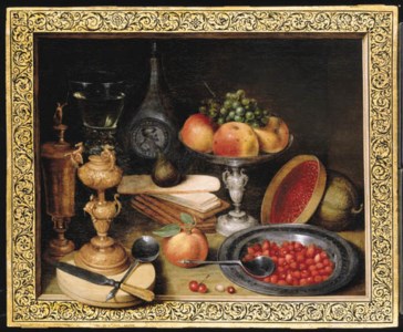 A silver tazza with apples and a bunch of grapes, strawberries in a pewter dish with a spoon, a roemer on an ornate gilt stand, a silver-gilt cup and cover, a clay jug and other objects in a trompe l'oeil frame