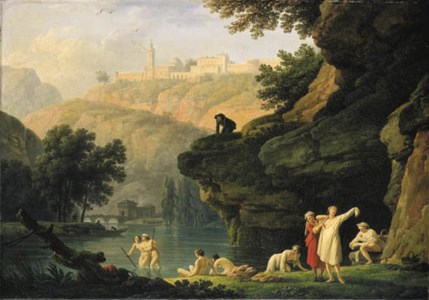 Les Baigneuses : A mountainous landscape with bathers at a lake, a man looking on from an outcrop above