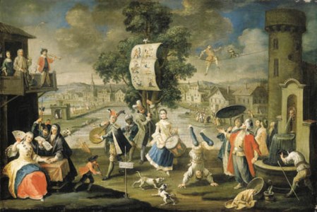Elegant company at a fair with a fortune teller, a trapeze artist, a tumbler and musicians