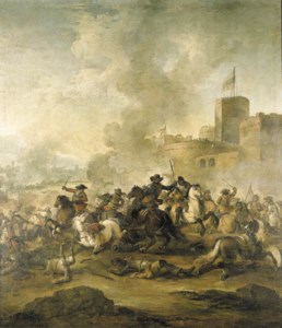 A cavalry battle outside a castle, a town beyond